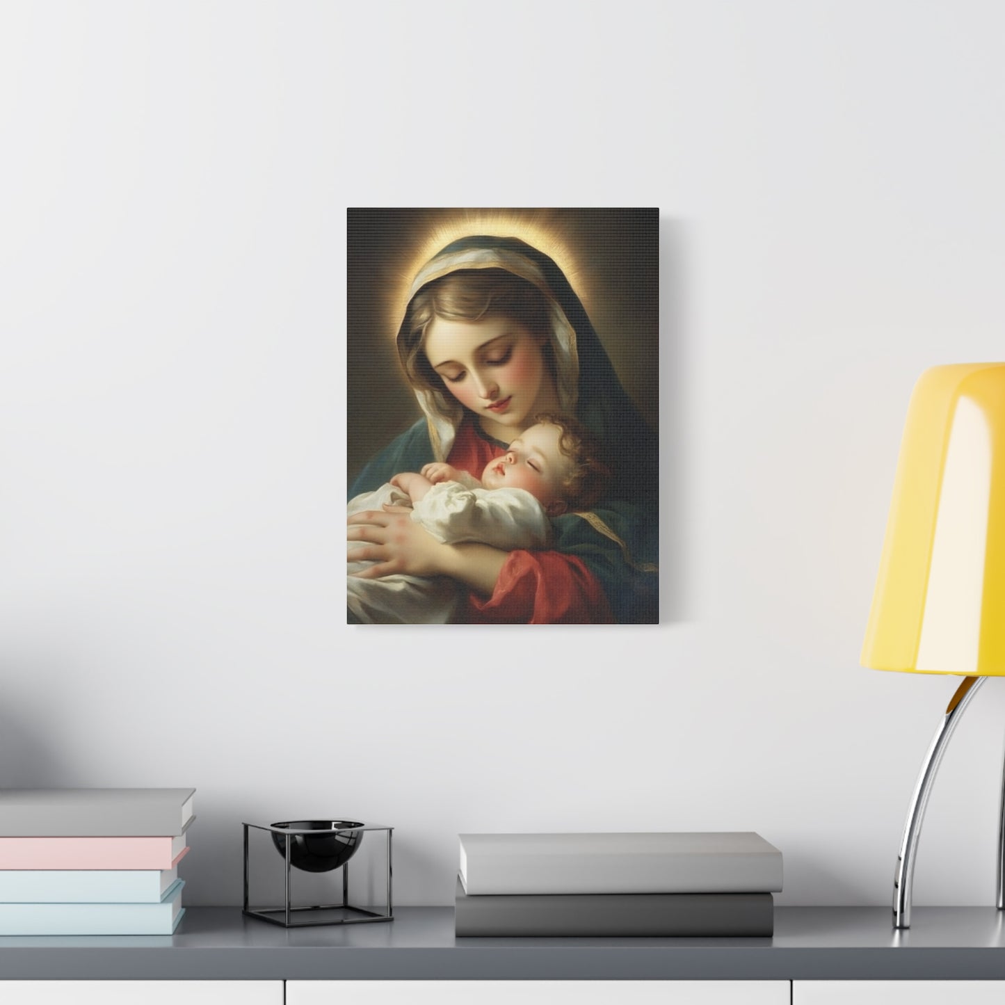 Mary and Sleeping Baby Jesus Catholic Canvas Wall Art, Christian Decor