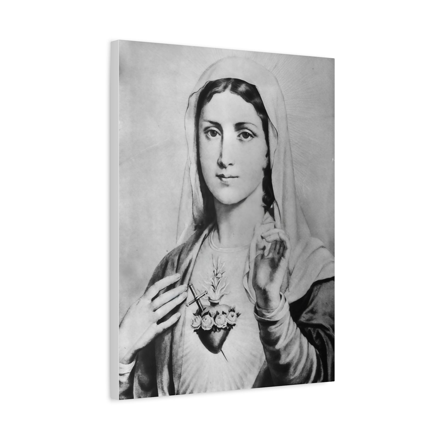 Ready To Hang - Black and White Mother Mary Immaculate Heart Catholic Canvas Wall Art, Christian Decor