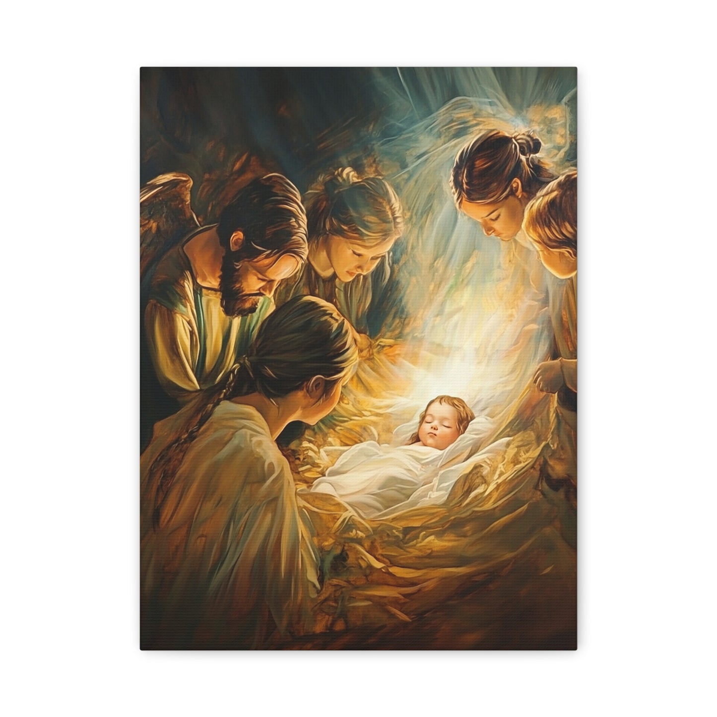 Jesus Nativity w Angels Catholic Canvas Wall Art, Christian Decor