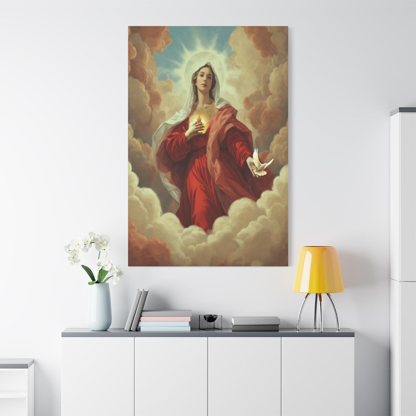 Mother Mary with Dove Heaven Catholic Canvas Wall Art, Christian Decor
