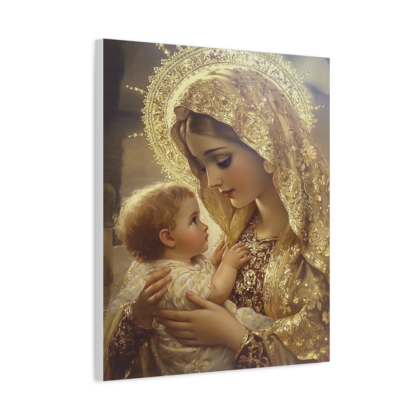 Mary and Baby in Gold Catholic Canvas Wall Art, Christian Decor