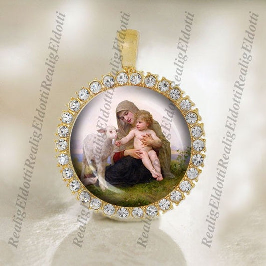 Virgin Mary, the Child Jesus and White Lamb Religious Christian Catholic Gold Tone Medal