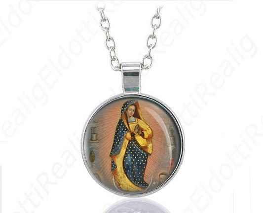Mary Virgin of Miracles Catholic Necklace Medal Silver Tone Pendant Chain Jewelry