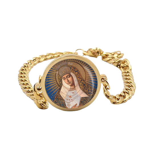 Our Lady Theotokos Mary Curb Bracelet Gold or Silver tone Religious Jewelry Simple Chain