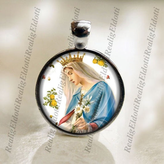 Our Mother Virgin Mary Regina Crown and Flowers Christian Catholic Medal Pendant