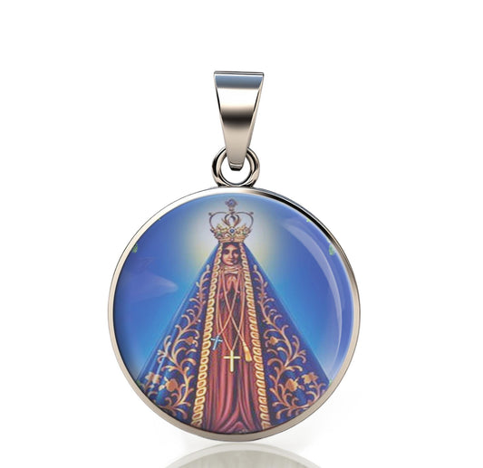 Our Lady Aparecida Catholic Mary 925 Sterling Silver Round Pendant Christian Religious Medal Small 20mm