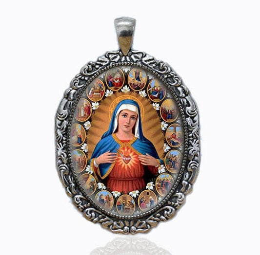 IMMACULATE HEART Of Mary Pendant. Silver Tone Virgin Mary Catholic Medal. Large Oval Catholic Pendant.