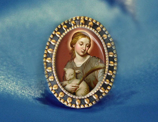 Saint Agnes Brooch Catholic Broach. Antique Gold Religious Pin. Patron Saint Brooch