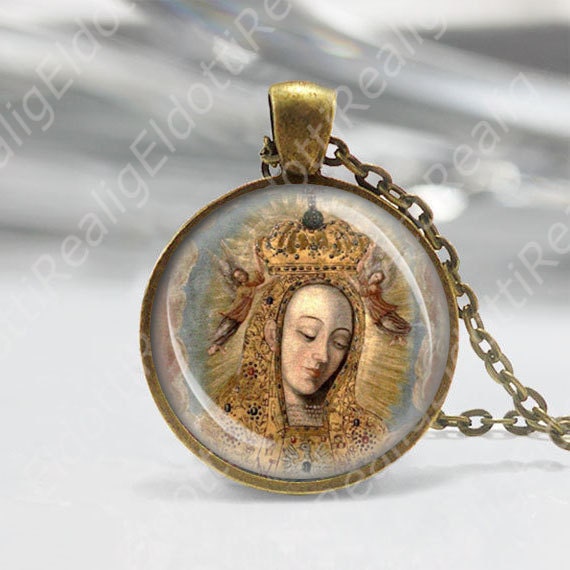 Queen Mary Poland Icon Catholic Necklace Medal Religious Crown Cherubs Pendant Jewelry