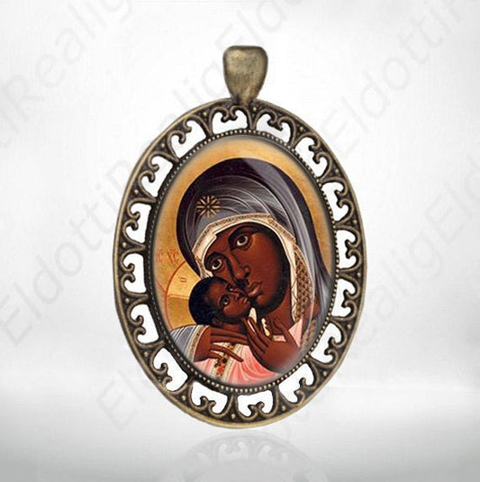 Black Madonna Christian Catholic Medal Pendant, Virgin Mary w Baby Jesus Religious Bronze Oval Jewelry