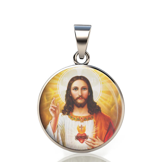 Jesus Our Lord Sacred Heart 925 Sterling Silver Round Pendant Christian Religious Medal Small 20mm
