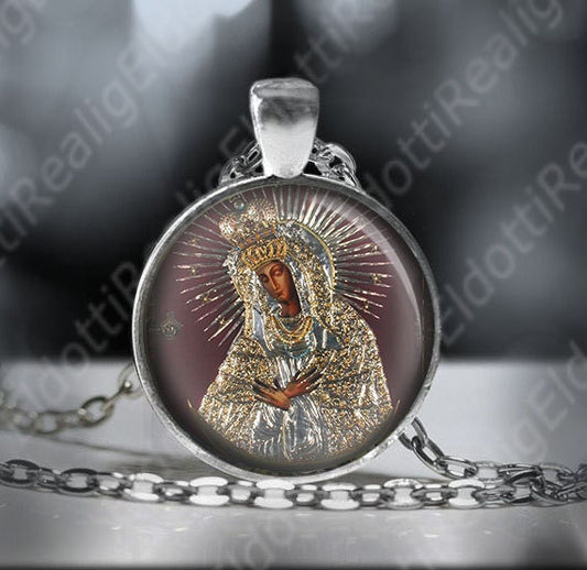 Black Madonna Our Lady of the Gate of Dawn Vilnius Catholic Necklace. Virgin Mary Religious Pendant Medal. Catholic Silvertone Necklace
