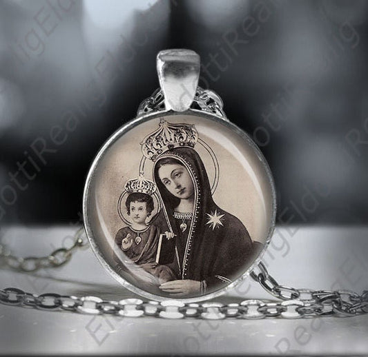 Our Lady of the Chestnut Tree Catholic Necklace Virgin Mary and Jesus Medal Silvertone Pendant