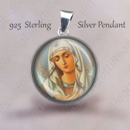 Our Blessed Mother Mary Religious Christian Medal. Sterling Silver 925 Pendant 20mm. Virgin Mary Necklace Medal