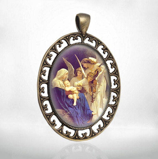 Song of the Angels Catholic Medal Virgin Mary Art Pendant Large Oval