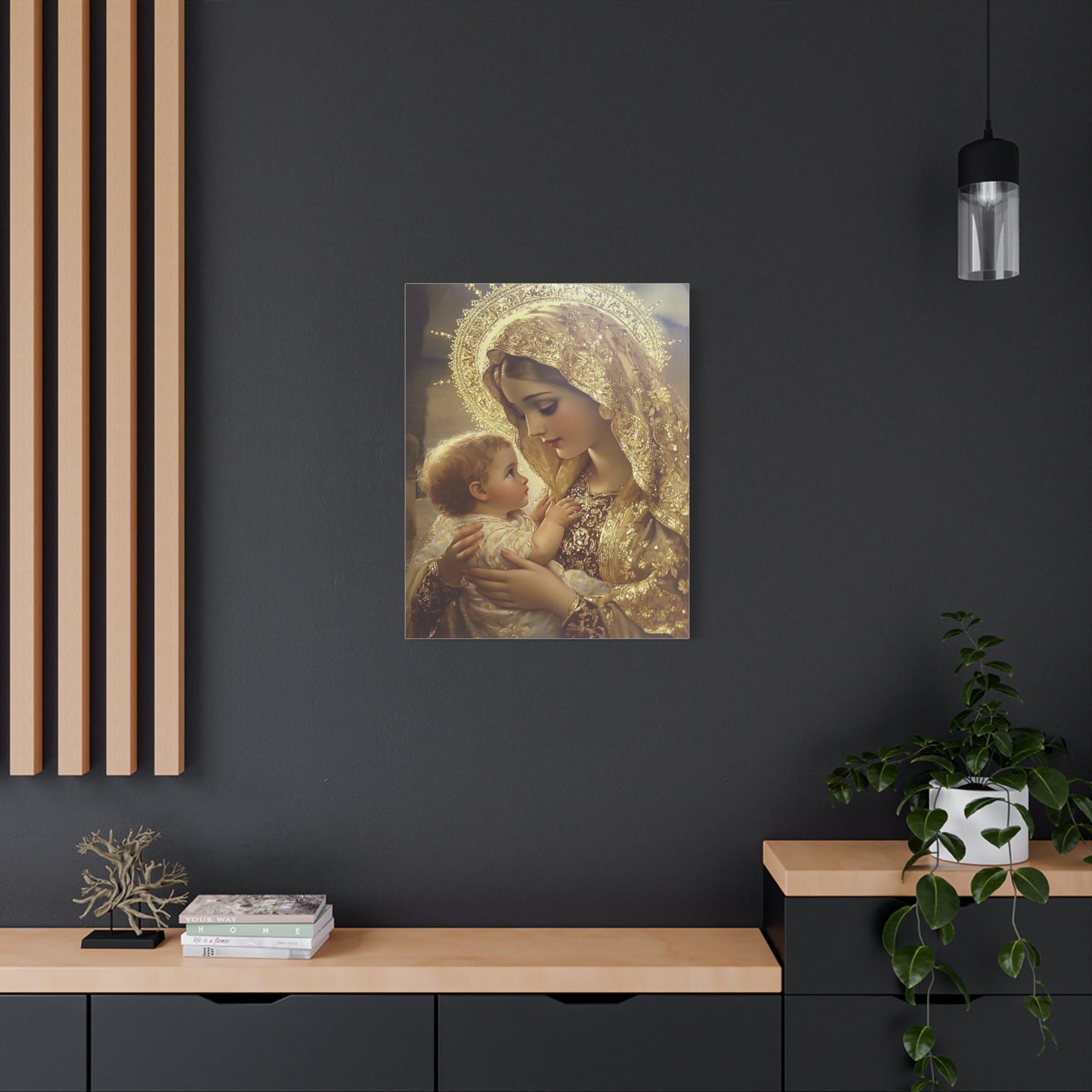 Mary and Baby in Gold Catholic Canvas Wall Art, Christian Decor