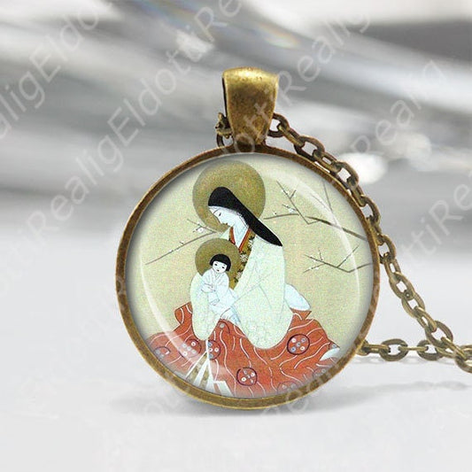 Madonna and Child Sakura Necklace Medal Religious Pendant Bronze Mother Mary and Baby Jesus Japanese Art Jewelry