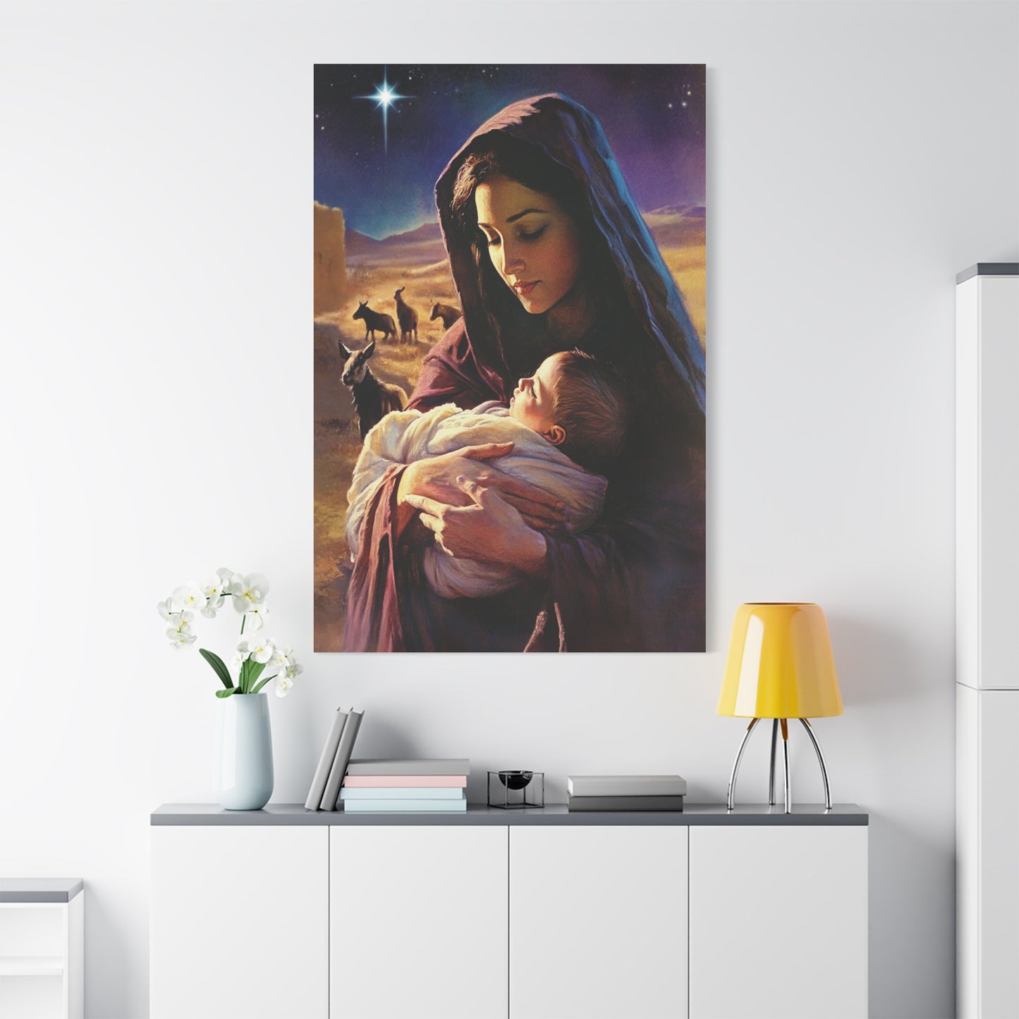 Mother Mary and Newborn Jesus Nativity Star Catholic Canvas Wall Art, Christian Decor