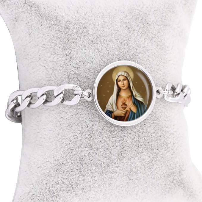 Our Lady Immaculate Heart Of Blessed Virgin Mary Curb Bracelet Gold or Silver tone Religious Jewelry Simple Chain