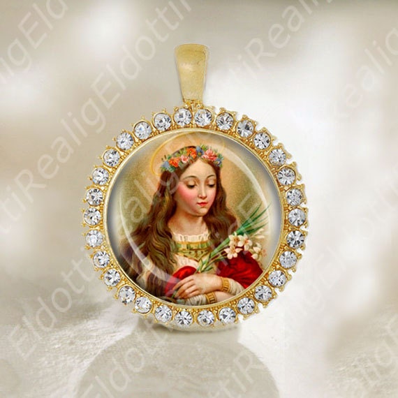 St Philomena Medal Catholic Saint Religious Jewelry Gold Tone