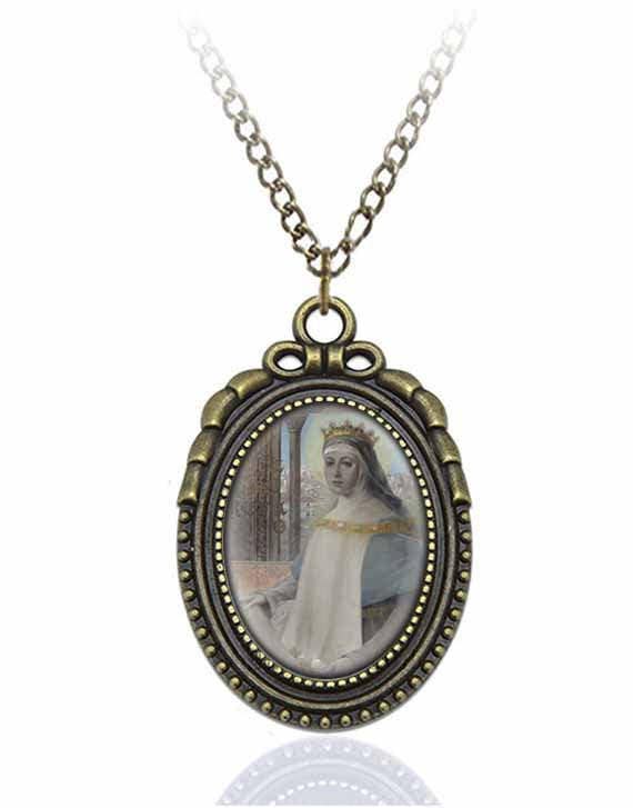 St Elizabeth of Aragon Catholic Necklace Bronze Medal w Chain Oval Pendant Saint