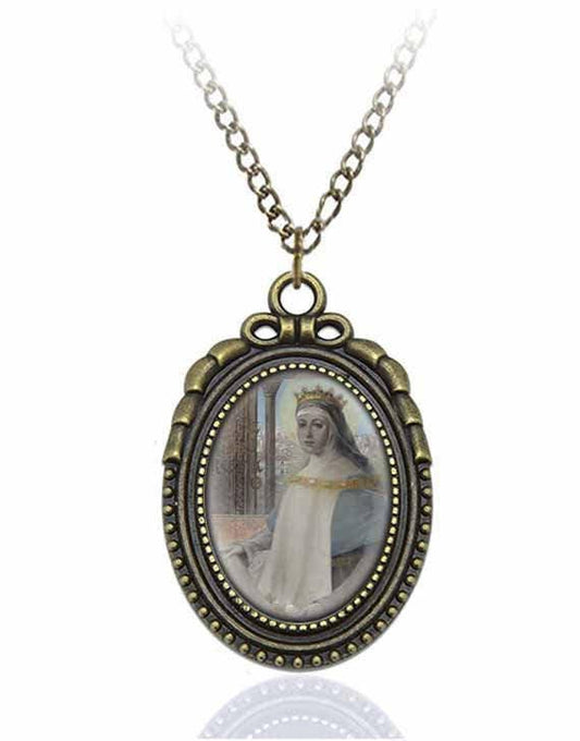 St Elizabeth of Aragon Catholic Necklace Bronze Medal w Chain Oval Pendant Saint