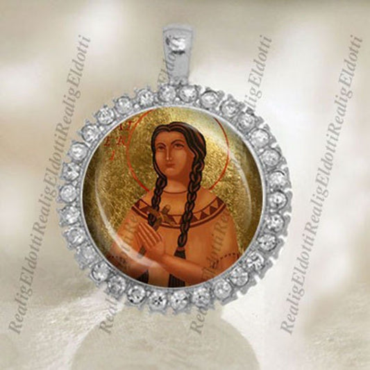 St. Kateri Tekakwitha Christian Catholic Silver Tone Medal Cabochon Pendant