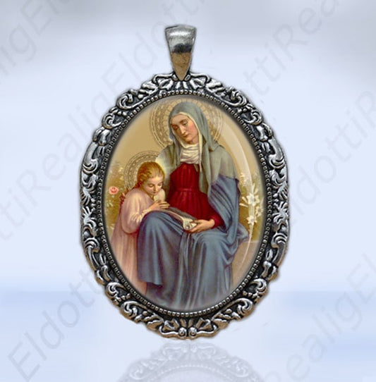 Child Mary and St. Anne Christian Catholic Medal Silvertone Pendant Oval