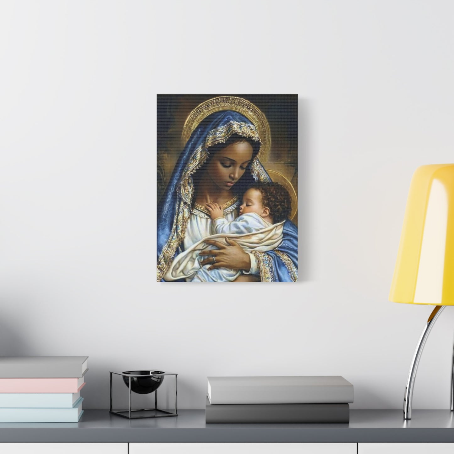 Black Mary African Mother with Baby Jesus Catholic Canvas Wall Art, Christian Decor