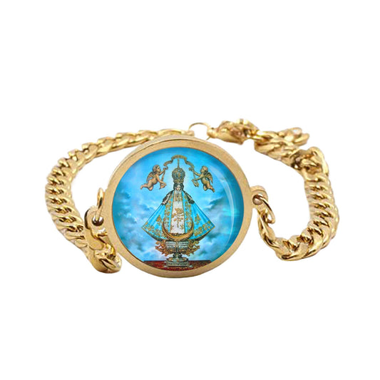 Our Lady San Juan De Los Lagos Curb Bracelet Gold or Silver tone Religious Jewelry Simple Chain