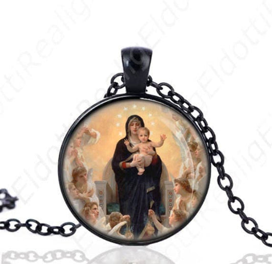 Our Lady of Angels Black Necklace Virgin Mary and Child Jesus Catholic Medal Religious Pendant w Chain
