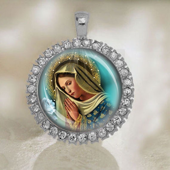 Virgin Mother Mary In Prayer - Christian Catholic Gold / Silver Medal. Blessed Virgin Mary Pendant with Rhinestones