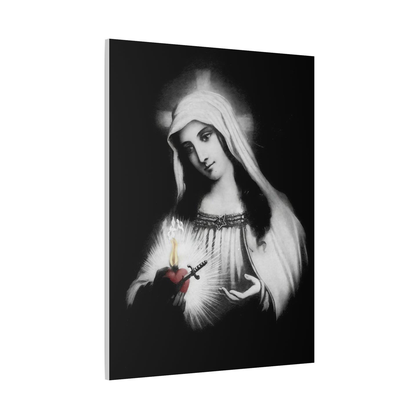 Ready To Hang - Mother Mary Immaculate Heart Catholic Sorrowful Mary Canvas Wall Art, Christian Decor Black and White