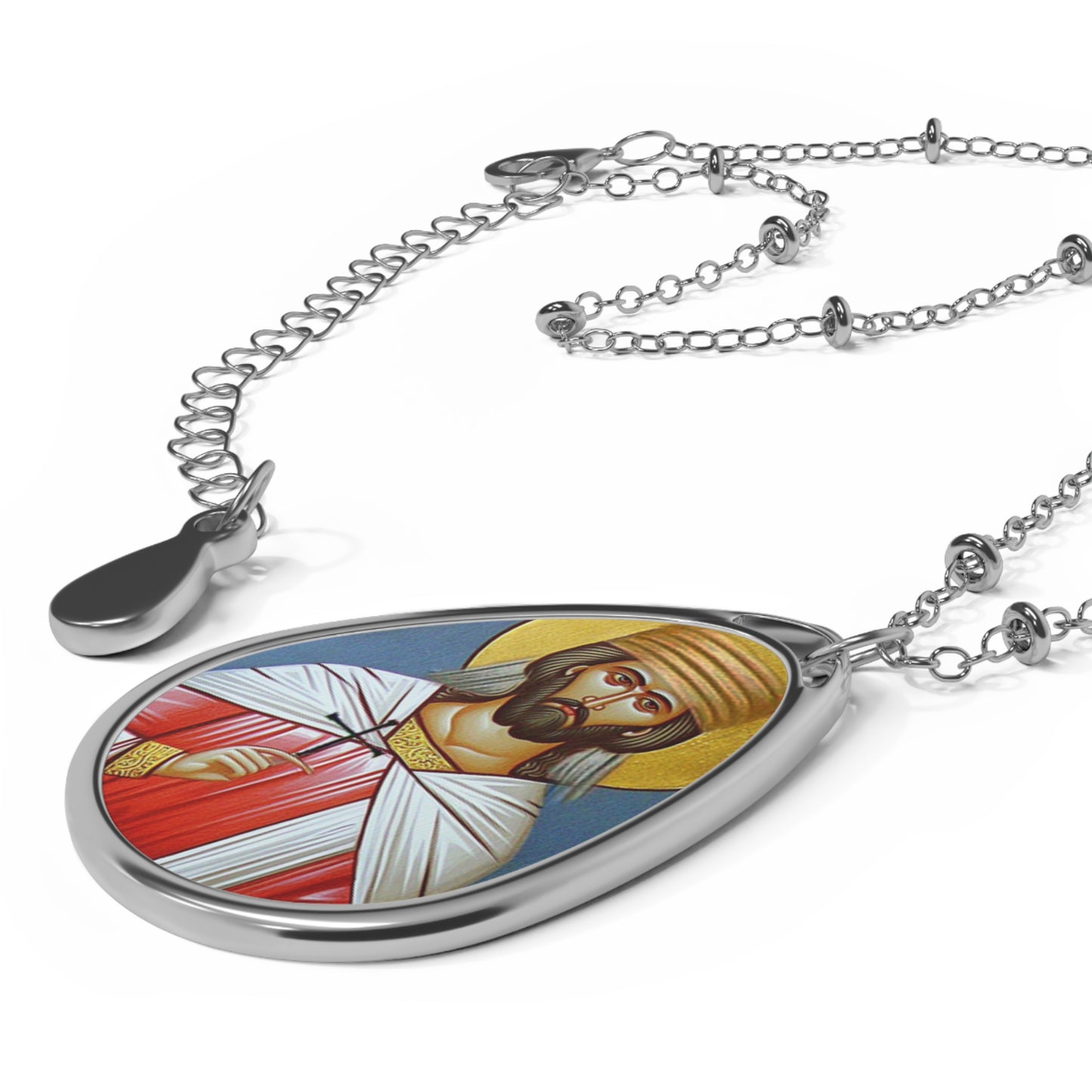 Saint Abo of Tiflis Necklace Drop Oval Pendant Silver Tone Medal