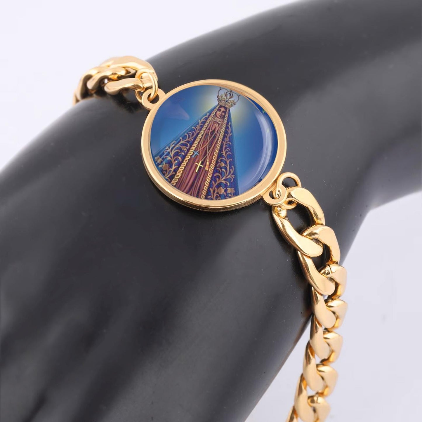 Our Lady Aparecida Mary Curb Bracelet Gold or Silver tone Religious Jewelry Simple Chain