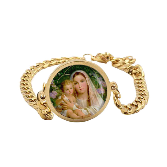 Our Lady Mary And Jesus Curb Bracelet Gold or Silver tone Religious Jewelry Simple Chain