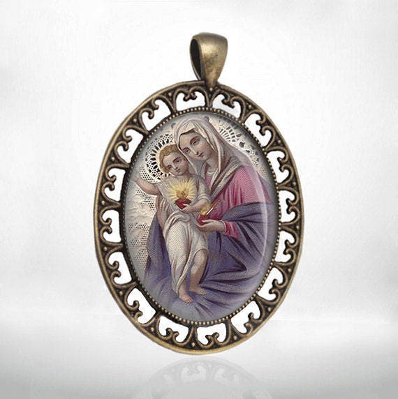 Blessed Mother Mary and Baby Jesus Medal from Holy Card Catholic Jewelry