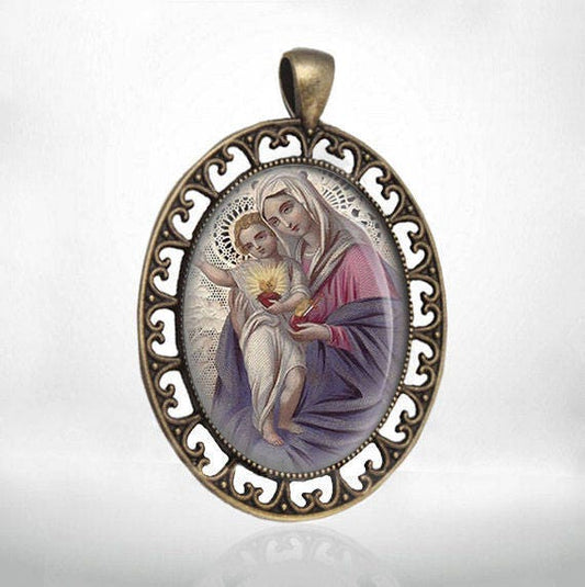Blessed Mother Mary and Baby Jesus Medal from Holy Card Catholic Jewelry