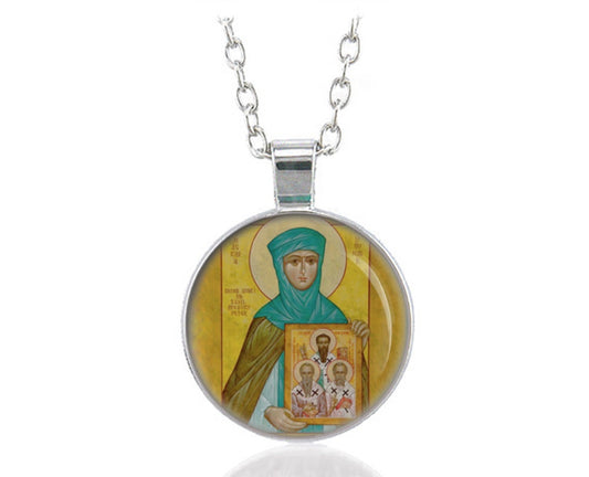 St Macrina the Younger Patron of nursing mothers and nursemaids Religious Necklace Silver tone Pendant