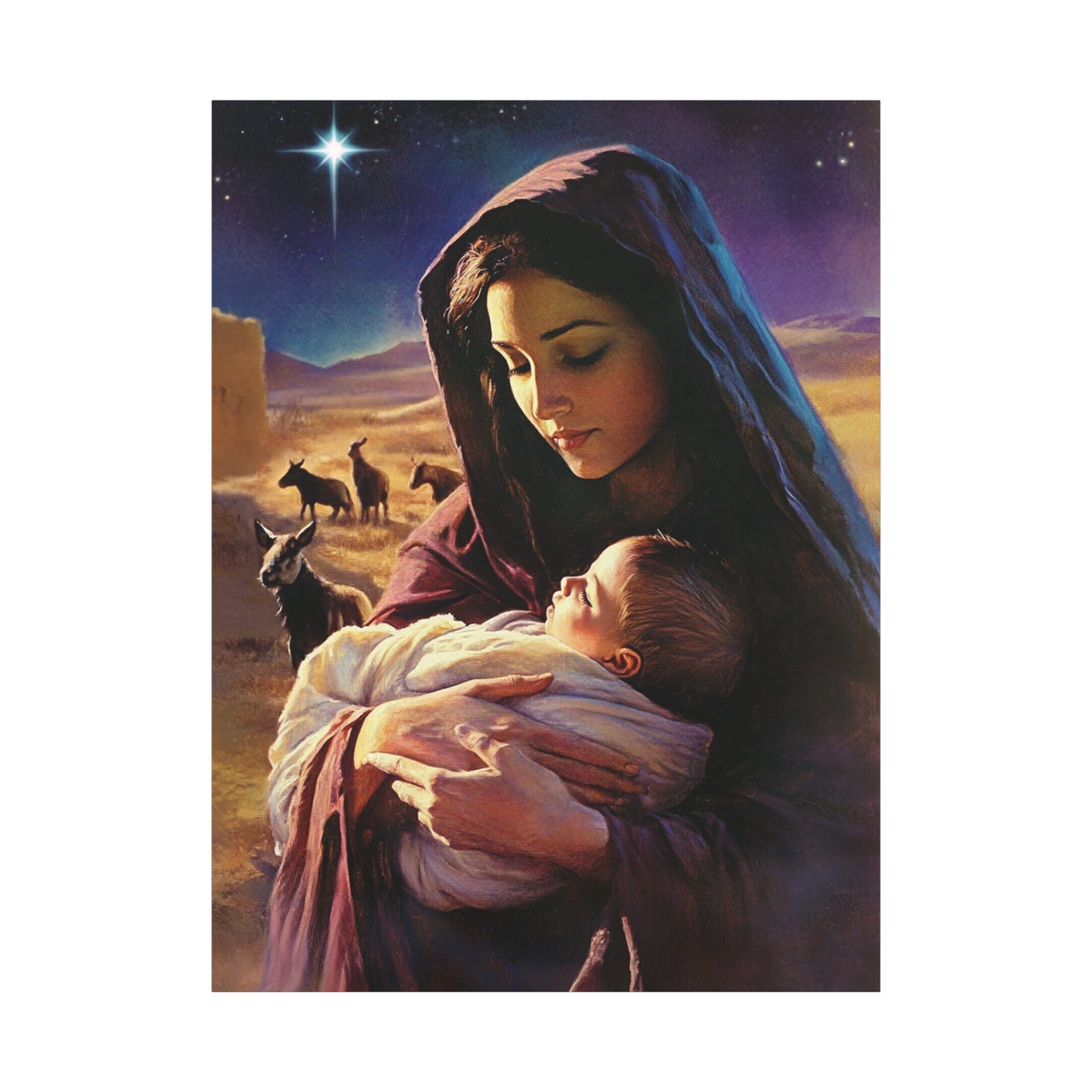 Mother Mary and Newborn Jesus Nativity Star Catholic Canvas Wall Art, Christian Decor