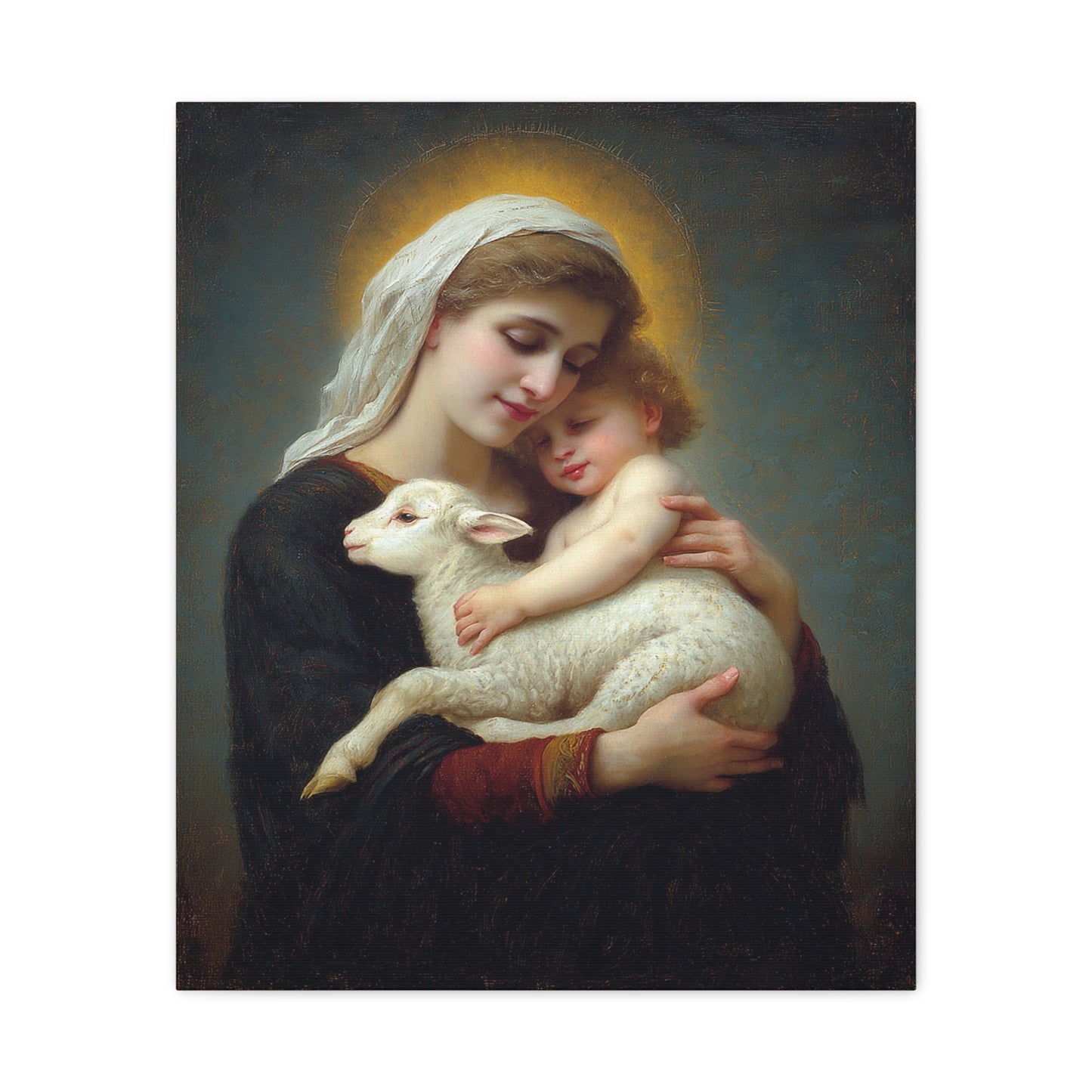 Mother Mary with Baby Jesus and Lamb Catholic Canvas Wall Art, Christian Decor