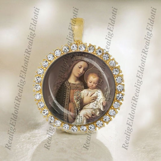 Mother of the Lord Virgin Mary and Baby Jesus Christian Catholic Gold Tone Medal Pendant Jewelry
