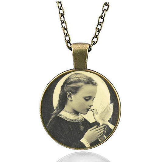 St Maria Goretti w Dove Child Patronness of Children, Purity Catholic Necklace Medal Black and Whine Fine Jewelry Devotional