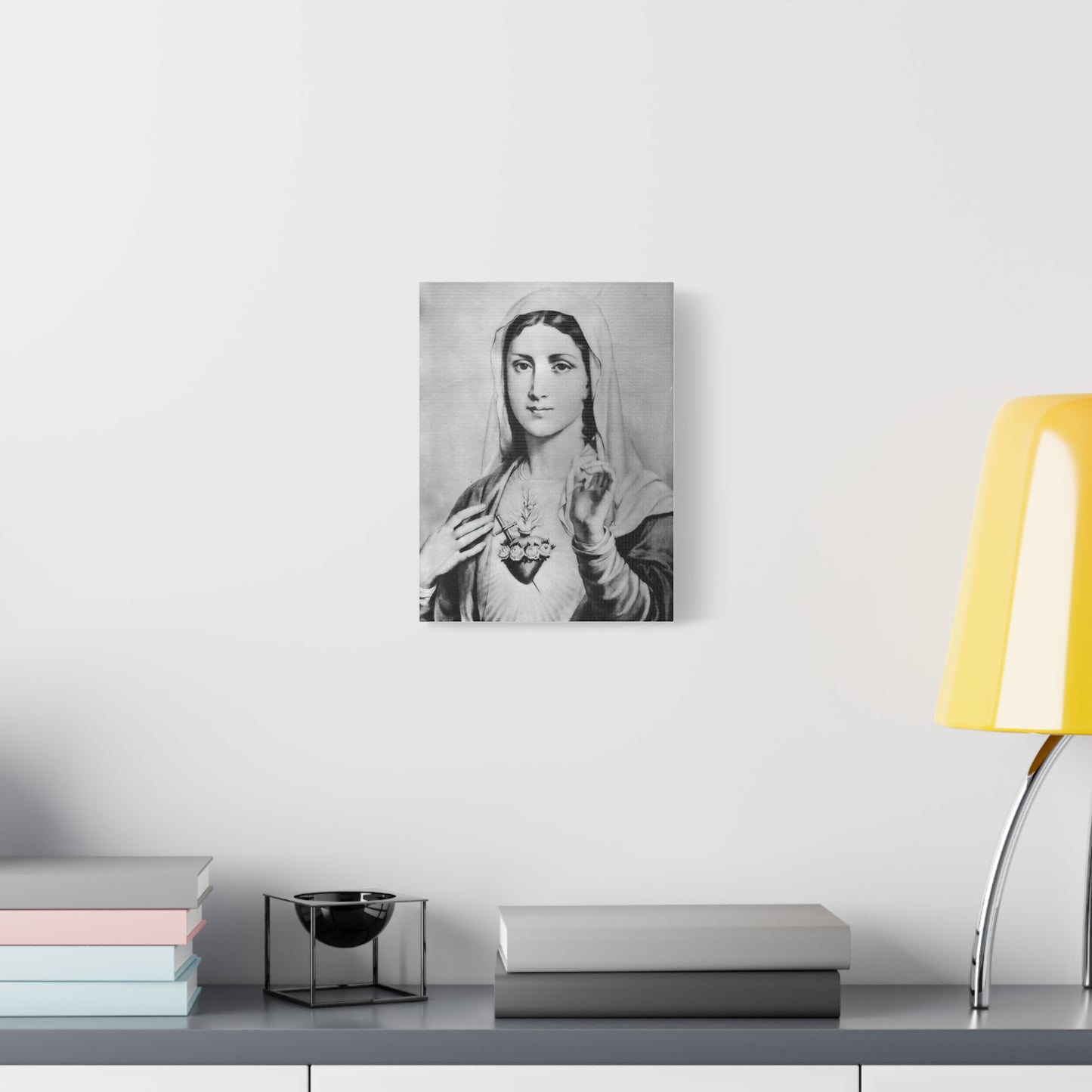 Ready To Hang - Black and White Mother Mary Immaculate Heart Catholic Canvas Wall Art, Christian Decor