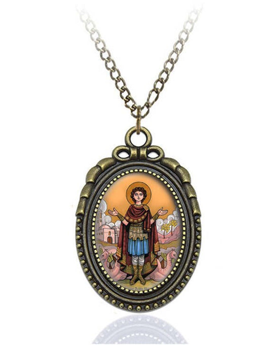 St Abba Mina Catholic Necklace Bronze Medal w Chain Oval Pendant