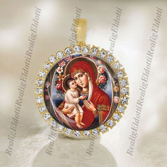 Our Blessed Virgin Mary with Child Jesus and Roses - Christian Orthodox Icon Gold Medal Pendant / Charm with Rhinestones