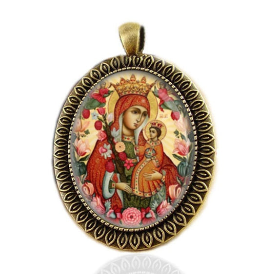 The Unfading Bloom Mother Mary Pendant. Theotokos Orthodox Icon Christian Medal Pendant.