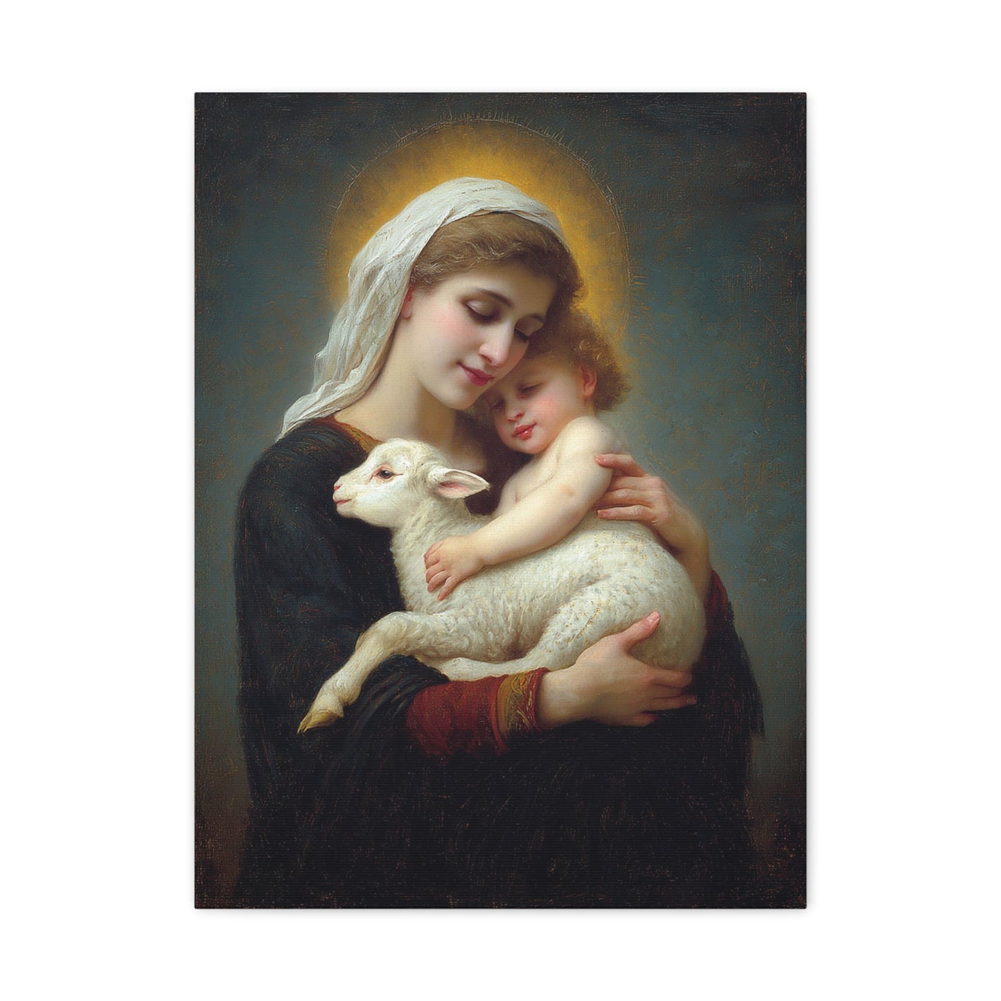 Mother Mary with Baby Jesus and Lamb Catholic Canvas Wall Art, Christian Decor