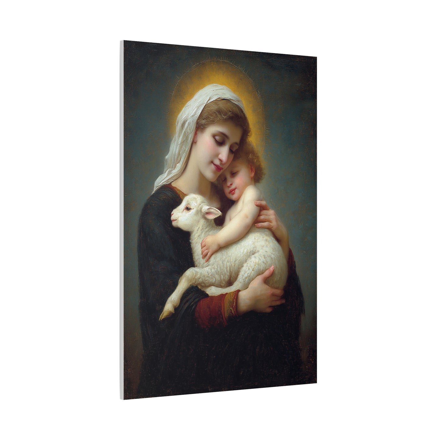 Mother Mary with Baby Jesus and Lamb Catholic Canvas Wall Art, Christian Decor