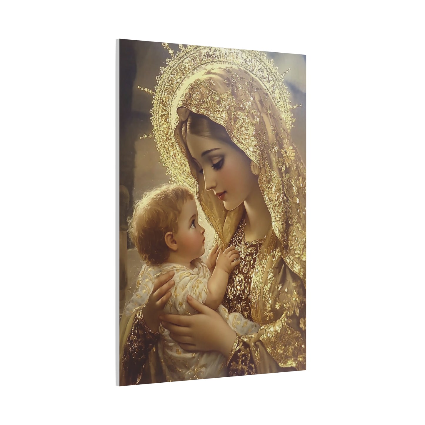 Mary and Baby in Gold Catholic Canvas Wall Art, Christian Decor